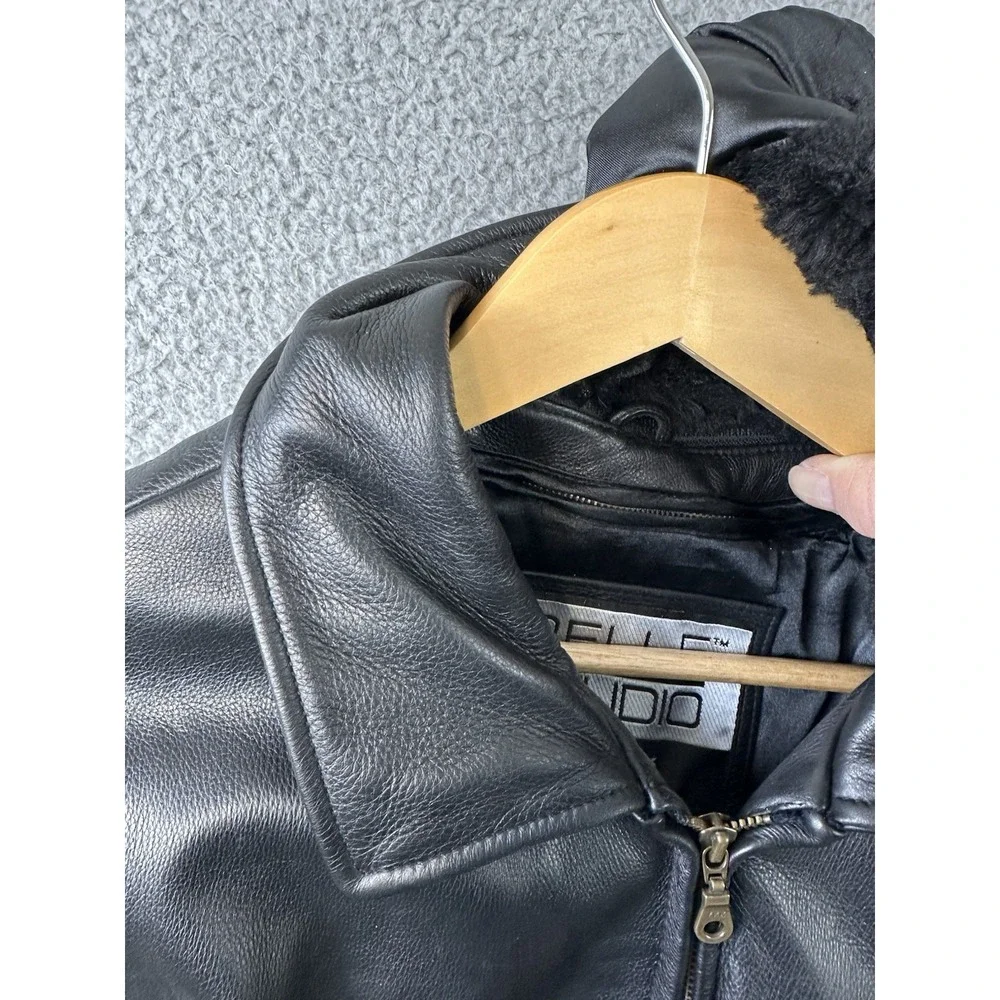 Wilsons Leather Pelle Studio Black Jacket Women L Removable Fur Collar Belted
